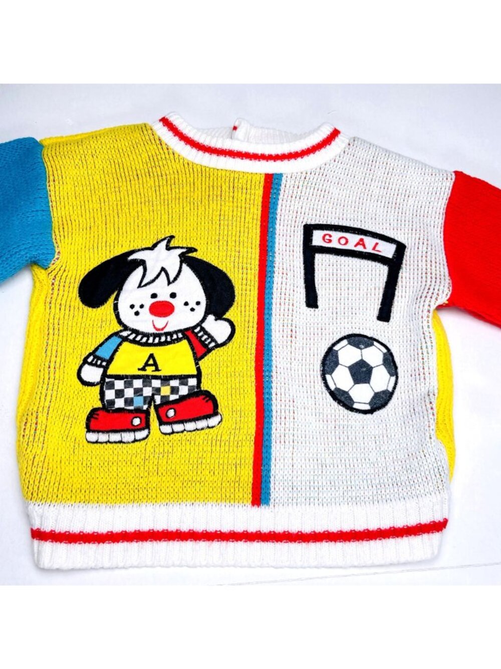 Vintage Color Block Soccer Puppy Long Sleeve Knit Chunky Sweater 24m / 2T - Picture 2 of 13